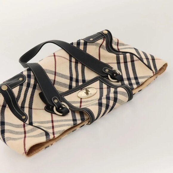BURBERRY Nova Check Blue Label Tote Bag Canvas Beige Gold Auth 117928 - Picture 7 of 15